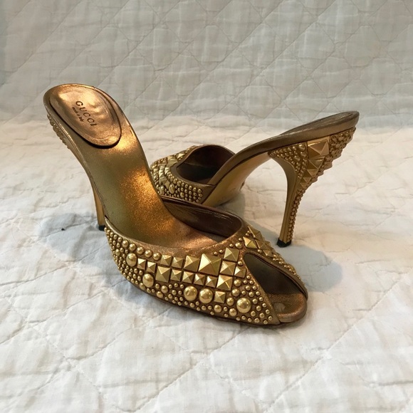 Gucci Shoes - Gucci Gold Studded Peep Toe Mule